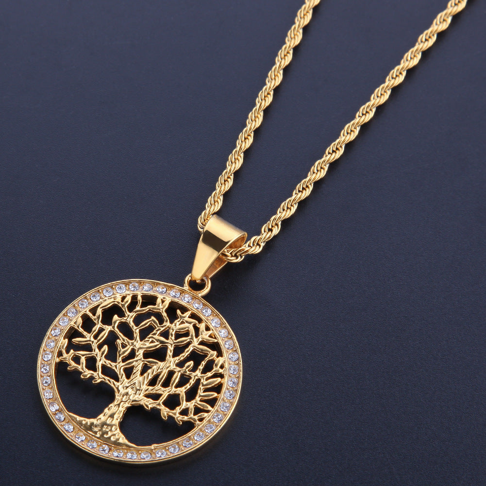 Gold Plated Stainless Steel Tree of Life Pendant Necklace with Crystal Accents Unisex Statement Chain product image