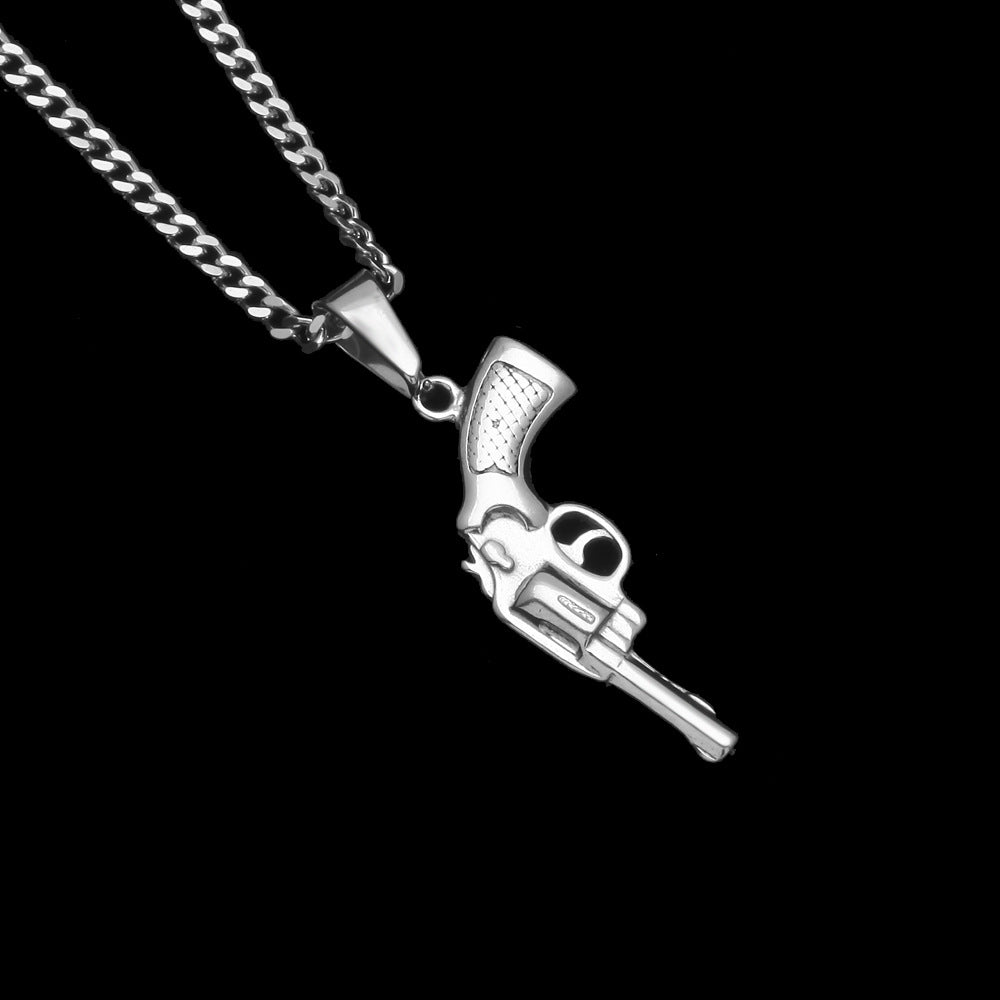 Men’s Stainless Steel Revolver Pendant Necklace with 3mm Cuban Chain in Silver Tone