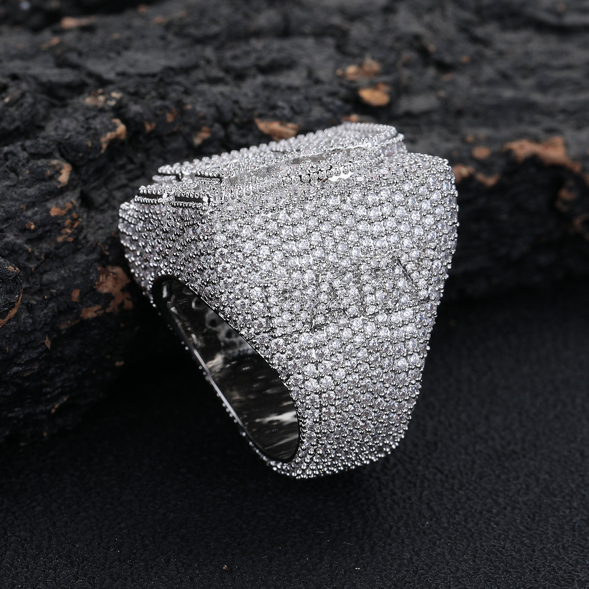 Iced Out R Letter Square Ring, Hip Hop Unisex Statement Ring, Gold and White Gold Tone product image