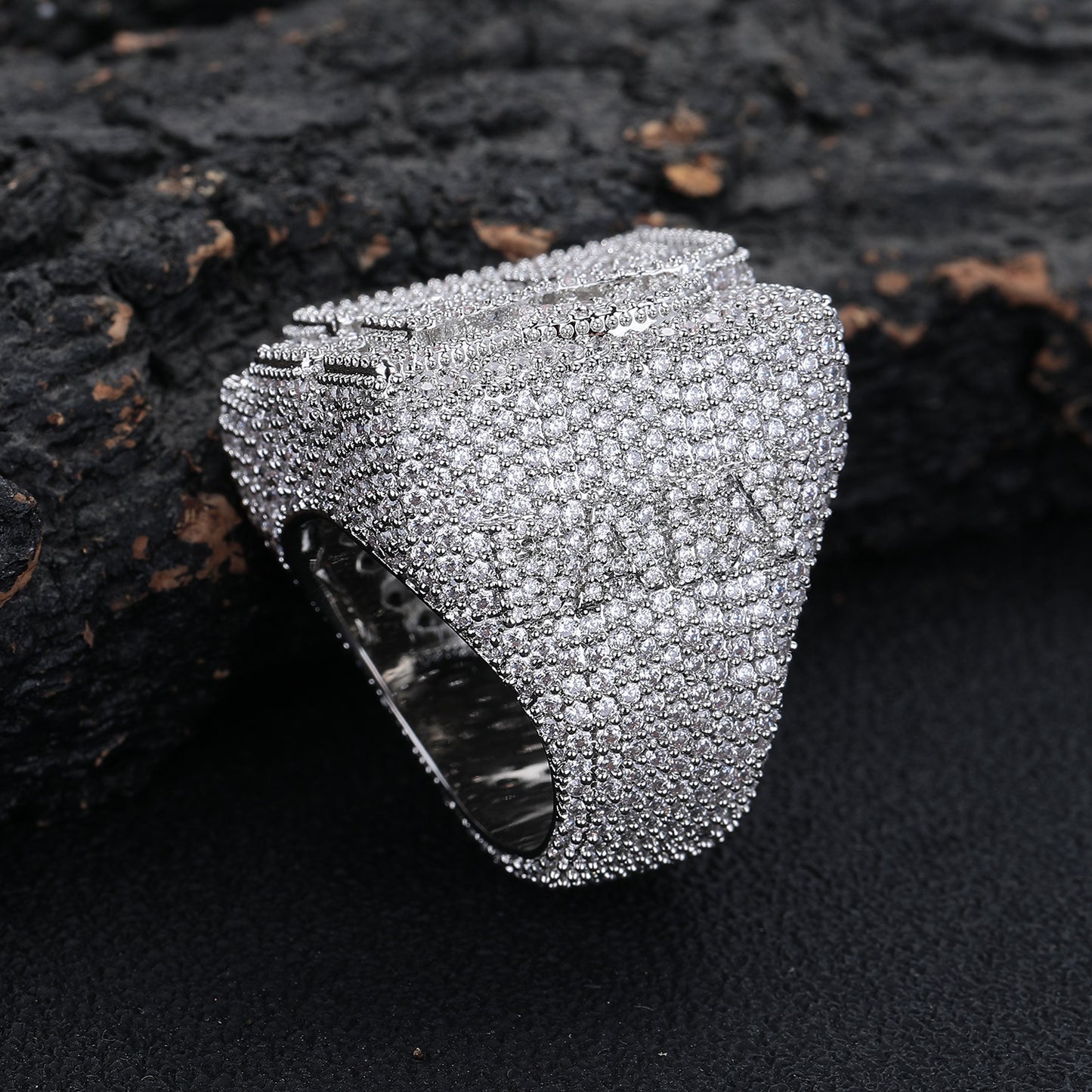 Iced Out R Letter Square Ring, Hip Hop Unisex Statement Ring, Gold and White Gold Tone