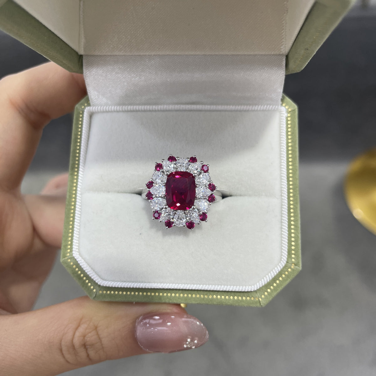S925 Sterling Silver Red Cushion-Cut Halo Cocktail Ring for Women product image