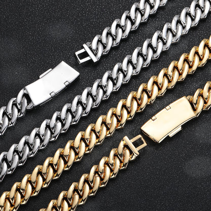 Iced Out 15mm Cuban Link Chain Bracelet & Necklace, Copper Zircon Hip Hop Jewelry