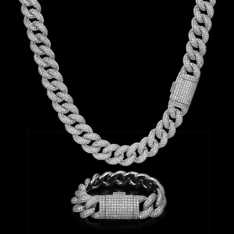 Iced Out Cuban Link Chain Necklace Bracelet Set for Women Men, Round Cubic Zirconia Geometric Hip Hop Jewelry product image