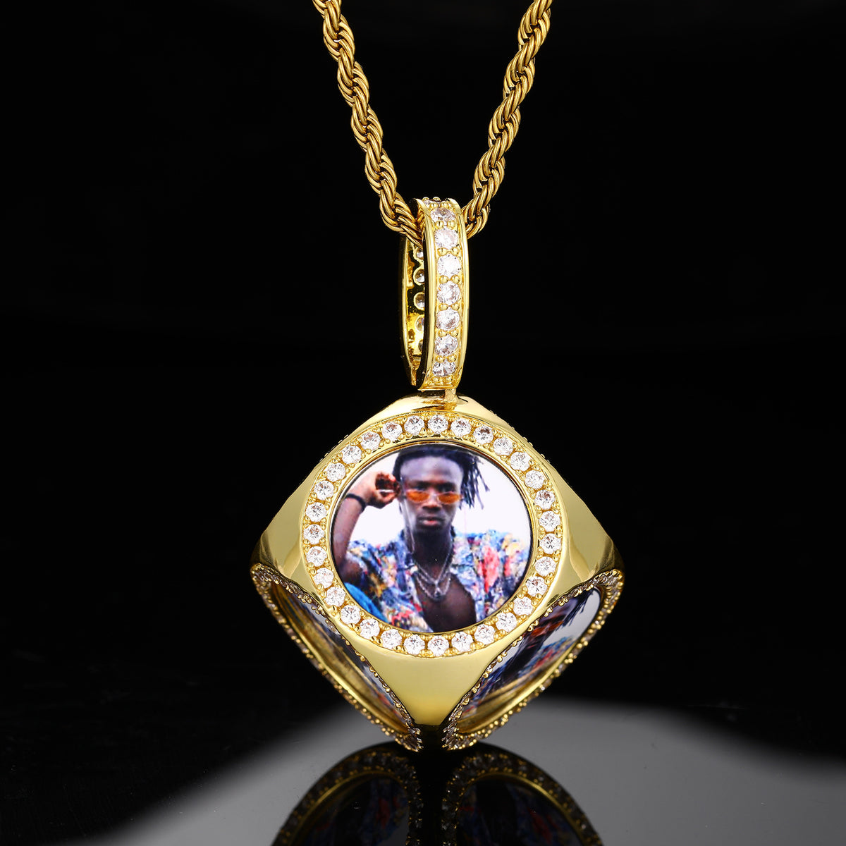 Custom Photo Iced Out Geometric Pendant Necklace with Rope Chain product image