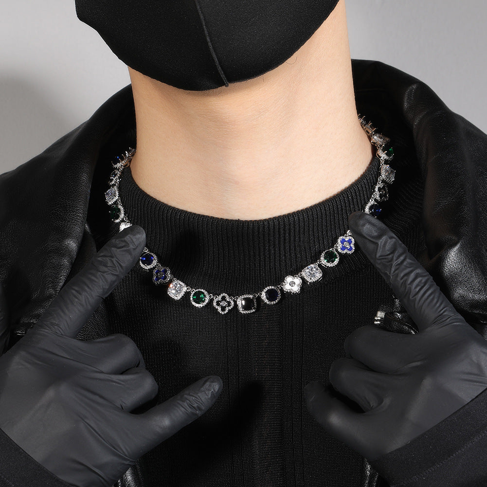 Iced Out Statement Chain Necklace with Multicolor Cubic Zirconia Pendant Links for Women and Men