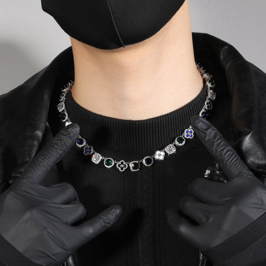 Iced Out Statement Chain Necklace with Multicolor Cubic Zirconia Pendant Links for Women and Men