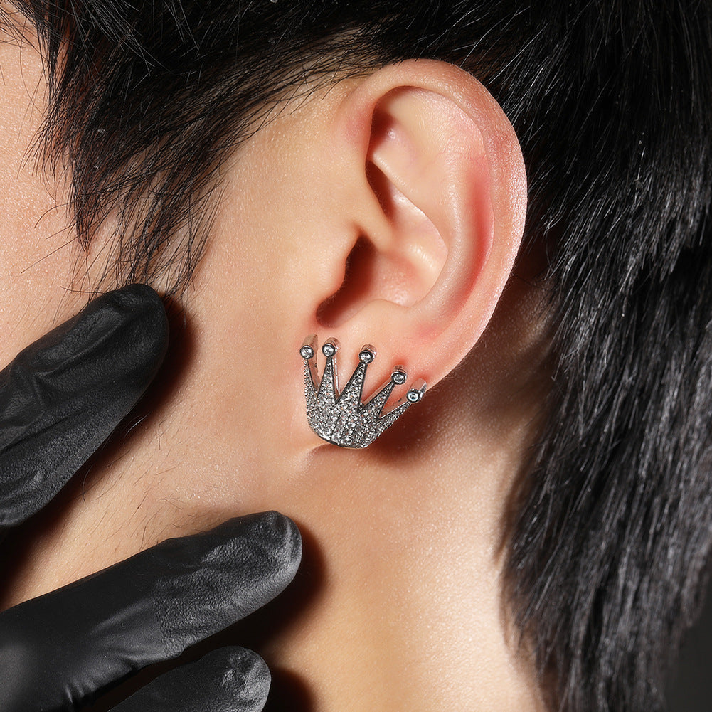 Men’s Crown Stud Earrings with Cubic Zirconia in Gold or Silver Tone Hip Hop Statement Jewelry