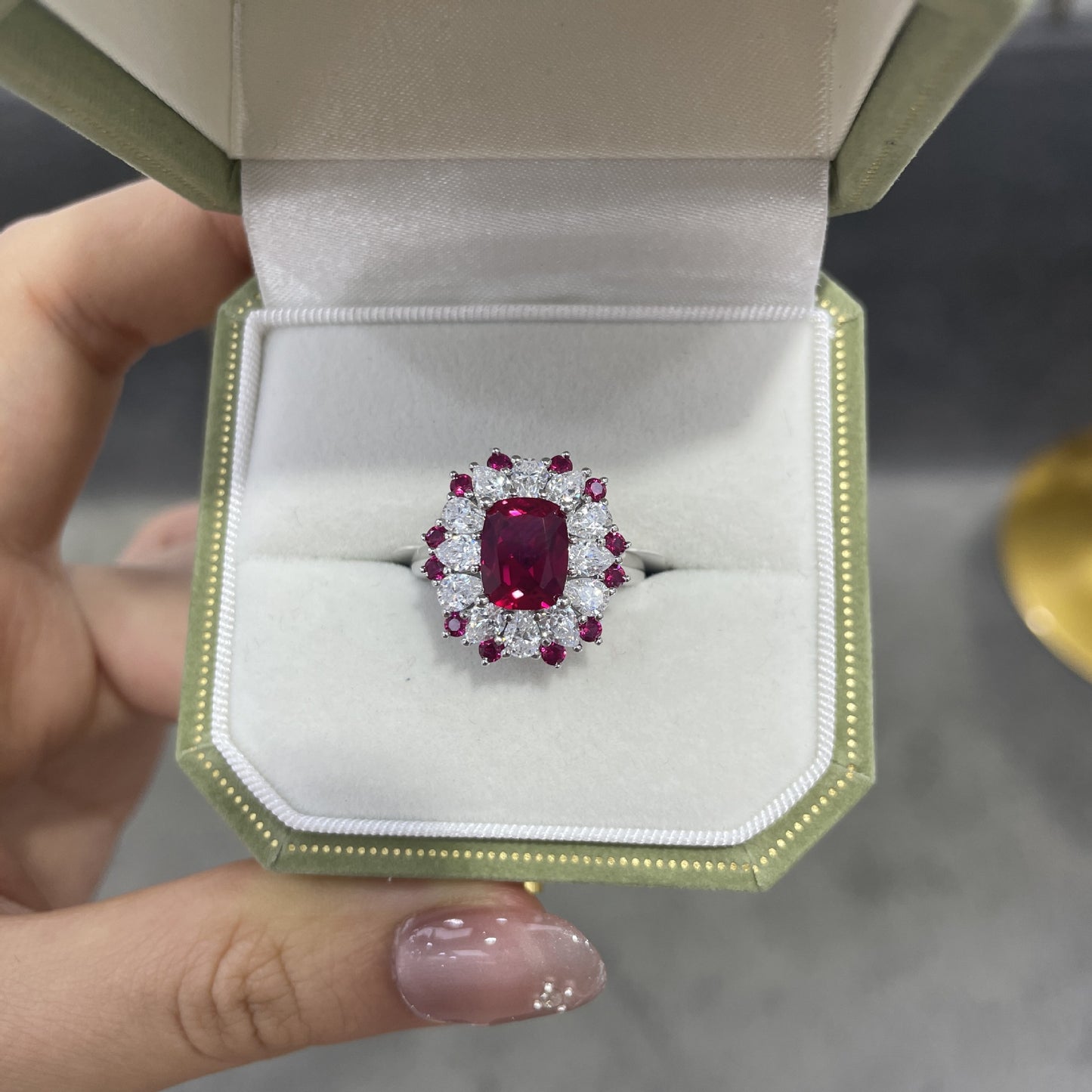 S925 Sterling Silver Red Cushion-Cut Halo Cocktail Ring for Women product image