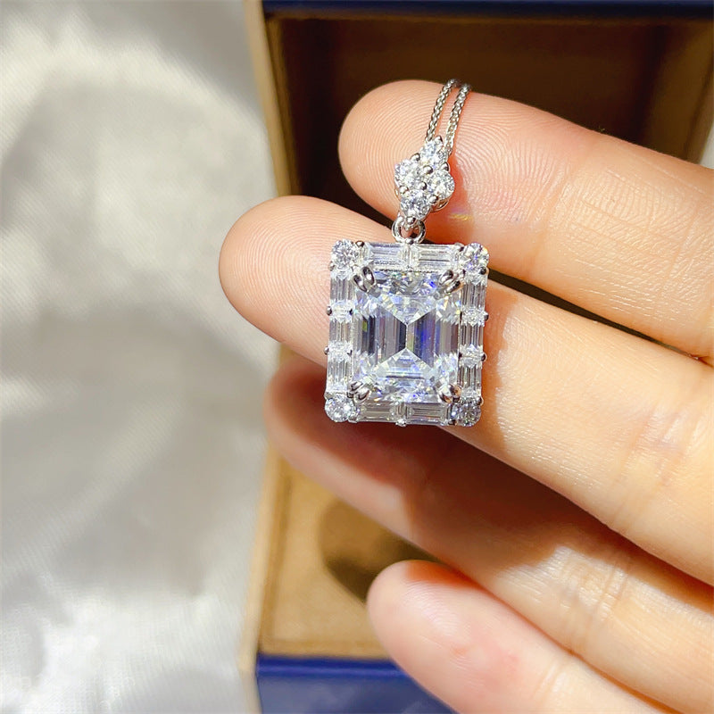 5 Carat D Color Moissanite Pendant Necklace with Chain, Emerald Cut Halo Necklace product image