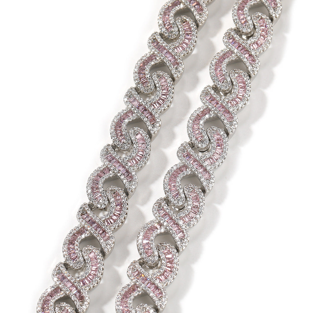 Unisex Cuban Link Cubic Zirconia Chain Bracelet Necklace Set in Silver Black or Silver Pink