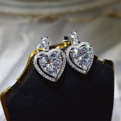 Heart Moissanite Halo Stud Earrings - 10 Carat D Color Heart Earrings for Wedding, Evening & Gift Giving