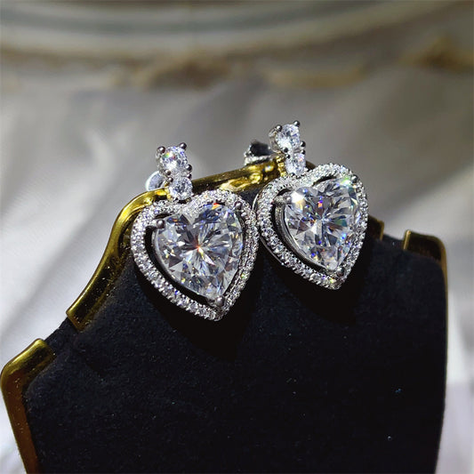 Heart Moissanite Halo Stud Earrings - 10 Carat D Color Heart Earrings for Wedding, Evening & Gift Giving