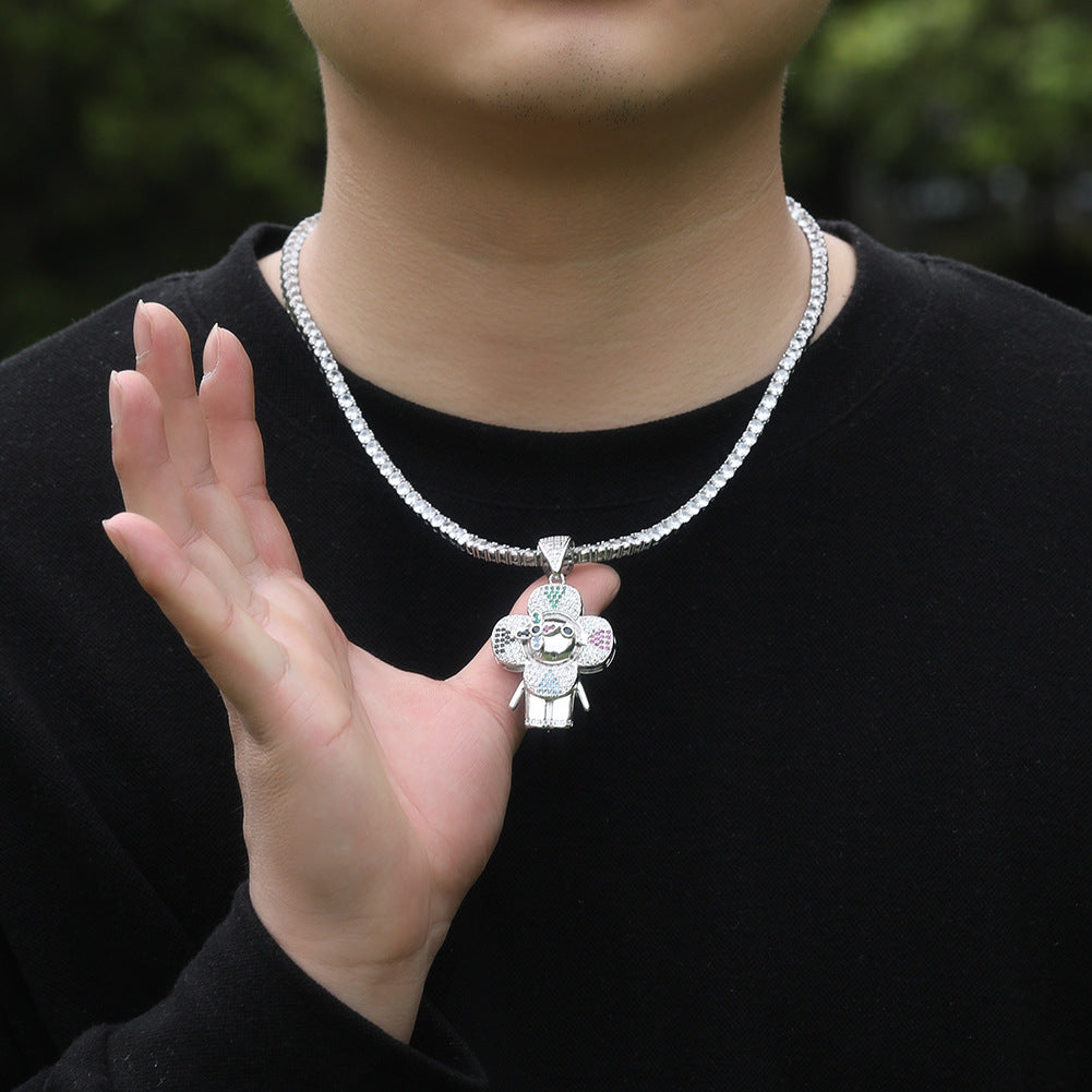 Hip Hop Flower Character Pendant Necklace with Cubic Zirconia Rope Chain for Women