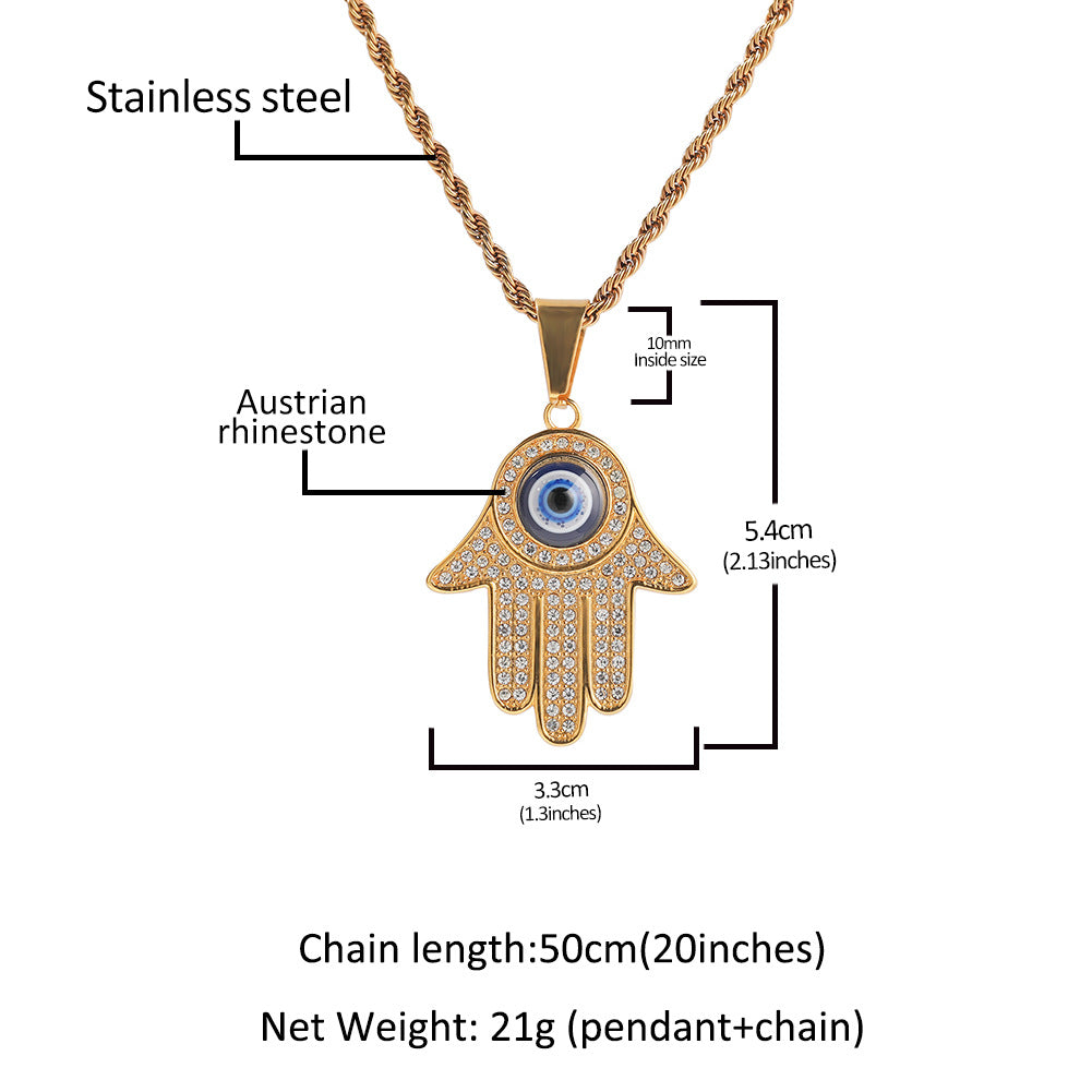 Gold Plated Evil Eye Hamsa Hand Pendant Necklace with Cubic Zirconia Hip Hop Statement Chain product image