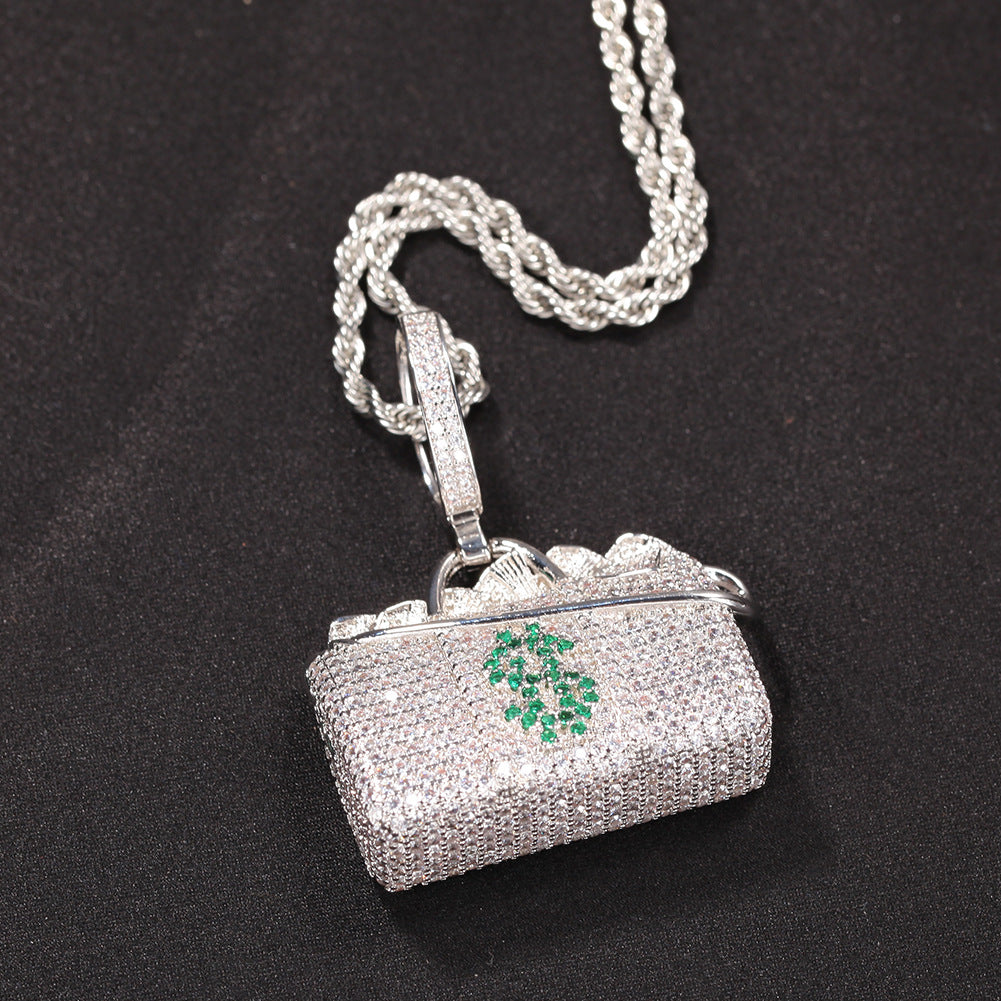 Luxury Handbag Pendant Necklace for Women with Cubic Zirconia, 24 Inch Twist Chain, Gold Plated or Silver Plated Statement Jewelry