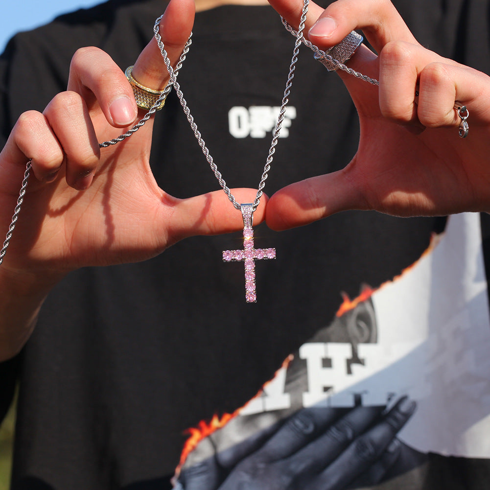 Unisex Cross Pendant Necklace with Cubic Zirconia – Gold & Silver Tone Hip Hop Statement Chain