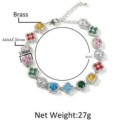 Unisex Colorful Cubic Zirconia Chain Bracelet in Silver Tone - Geometric Round Square Floral Statement Bracelet