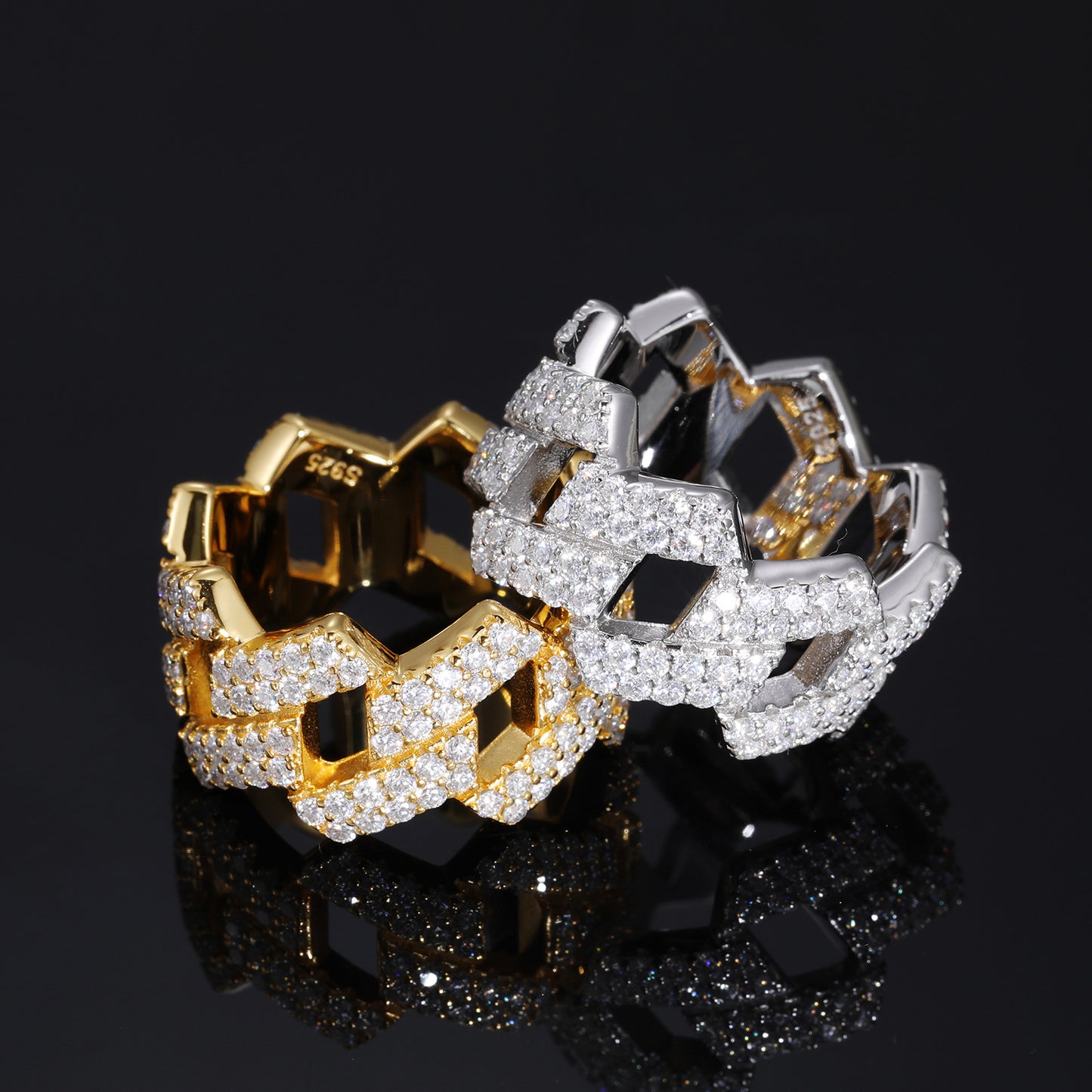 925 Silver Moissanite Geometric Link Ring - Iced Hip Hop Unisex Band product image