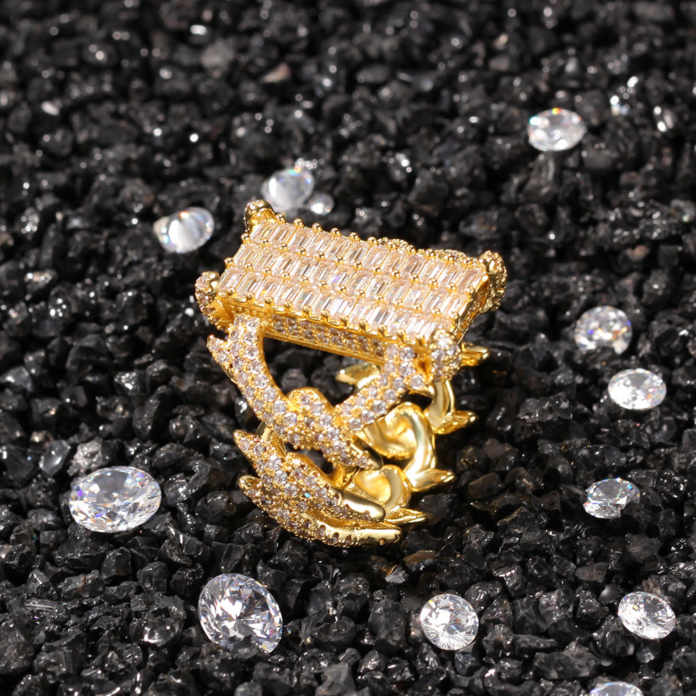 Unisex Iced Out Rectangle Ring - Micro Pave Cubic Zirconia Statement Ring in Gold or Silver Tone, Size 8