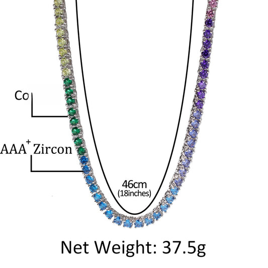 Unisex Rainbow Tennis Chain Necklace with Cubic Zirconia Pendant Look, Gold Plated & Silver Plated Statement Jewelry