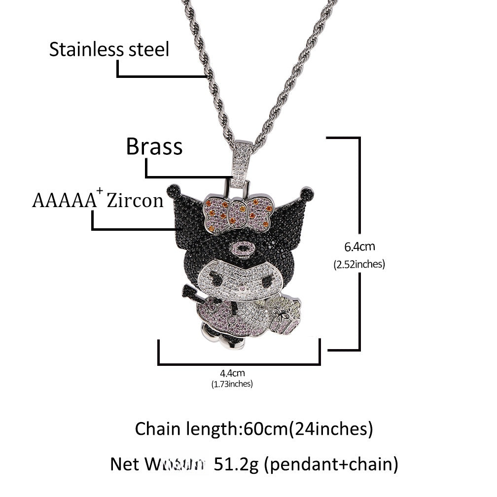 Iced Cartoon Character Pendant Necklace with 24 Inch Twist Chain for Women & Teen Girls