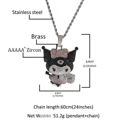 Iced Cartoon Character Pendant Necklace with 24 Inch Twist Chain for Women & Teen Girls