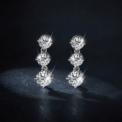 925 Silver Moissanite Three-Stone Drop Earrings, 6.0mm Prong-Set Stud Design