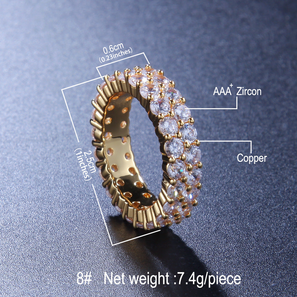 Unisex Double Row Cubic Zirconia Statement Ring – Round Cut Gold & Silver Hip Hop Style Band