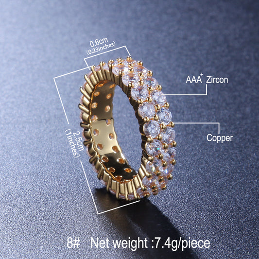 Unisex Double Row Cubic Zirconia Statement Ring – Round Cut Gold & Silver Hip Hop Style Band