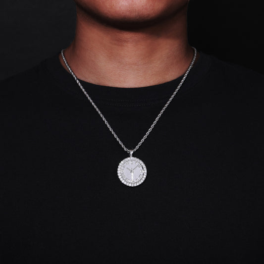 Iced Out Roman Numeral Clock Pendant Necklace in 925 Silver Tone with Cubic Zirconia alternate product image