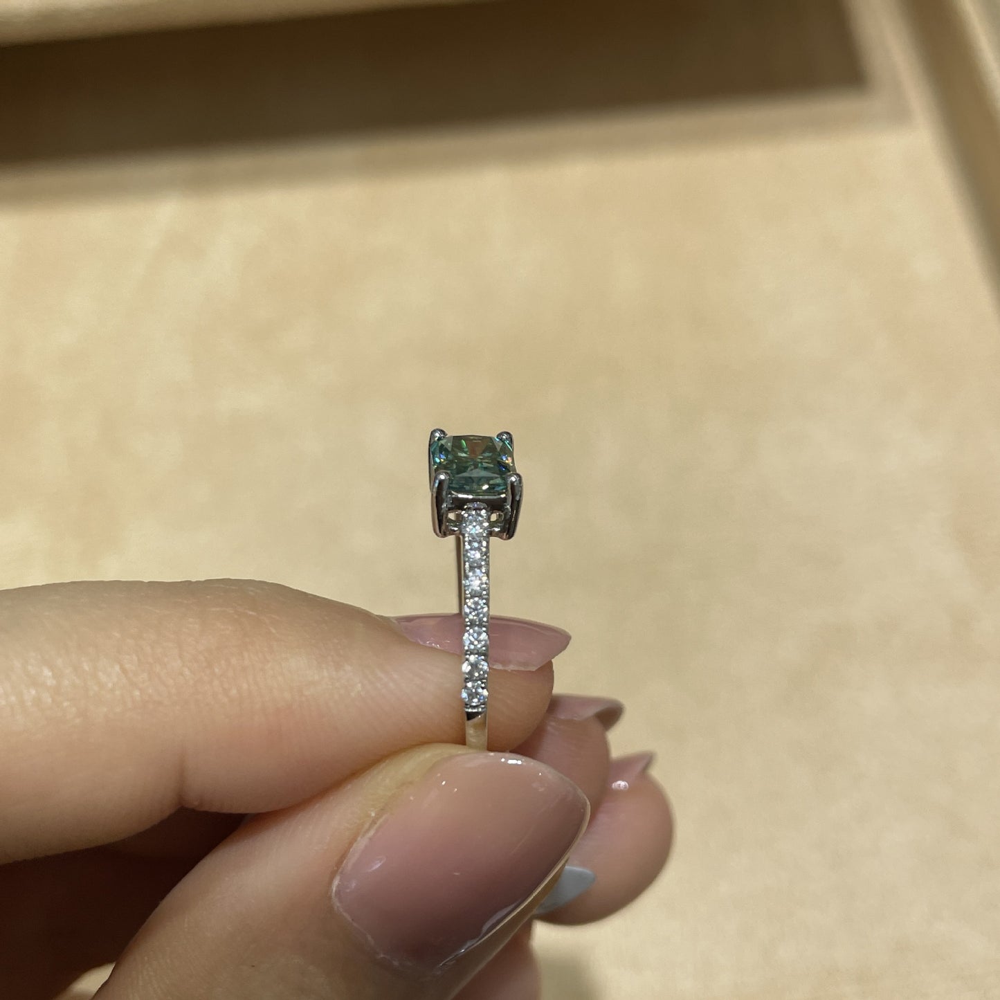 S925 Green Square Moissanite Ring for Women, Four-Prong Solitaire Promise Ring product image