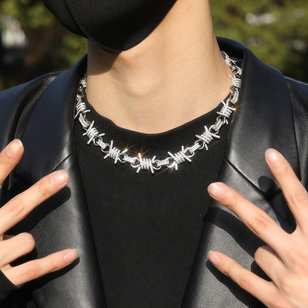 Iced Barbed Wire Chain Necklace Bracelet for Men - Silver or Gold Plated Statement Cubic Zirconia Hip Hop Jewelry product image