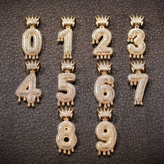 Iced Out Crown Number Pendant Necklace with 24 Inch Twisted Stainless Steel Chain, Gold or Silver Cubic Zirconia Hip Hop Statement Necklace