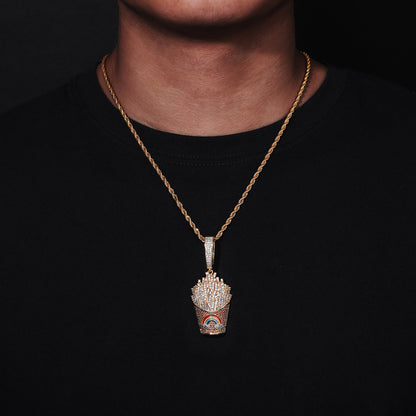 Iced Fry Pendant Necklace with Zircon Detail and Rope Chain