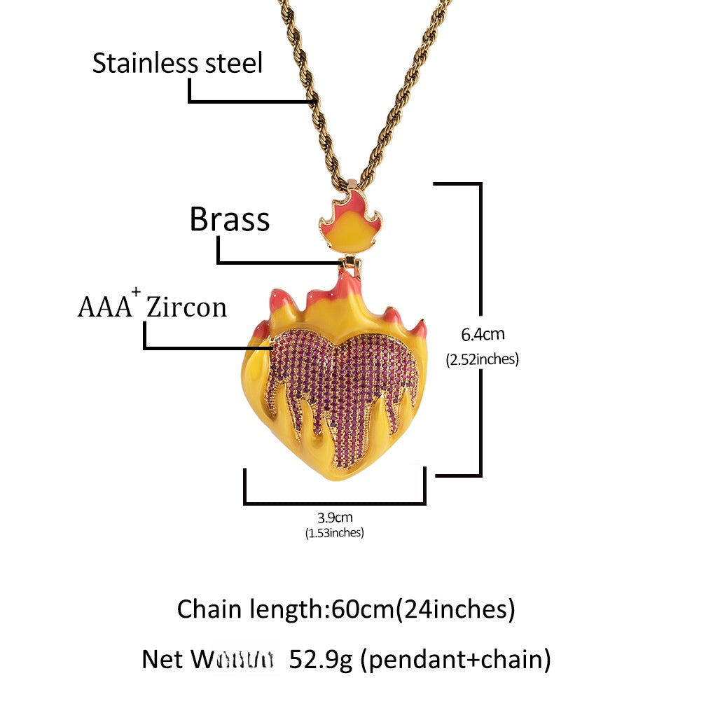 Iced Drip Heart Pendant Necklace with Twisted Rope Chain, Hip Hop Copper Statement Necklace for Men & Women