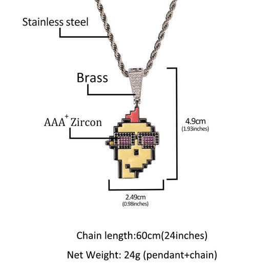 Cartoon Pixel Face Pendant Necklace with Cubic Zirconia Twisted Chain for Women and Teen Girls