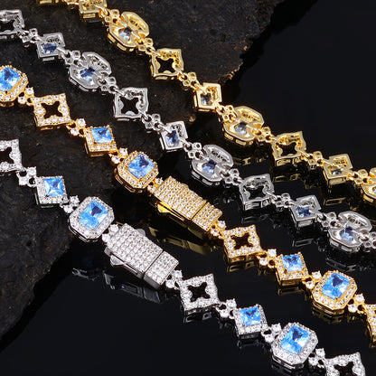 11 mm Blue CZ Geometric Halo Link Hip Hop Necklace or Bracelet with Copper Base - CHA425