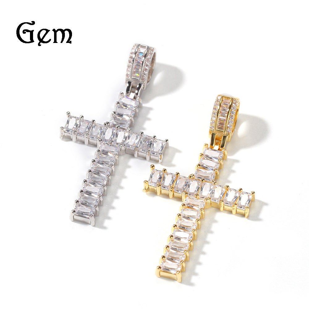 Iced Out Cross Pendant Necklace with Rectangular Cubic Zirconia, Gold or Silver Tone, 24 Inch Stainless Steel Rope or Cuban Chain product image