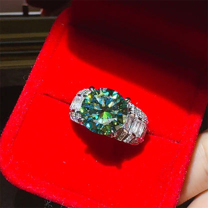 5 Carat Green Moissanite Ring for Women, Round Halo Engagement Ring with Baguette Side Stones, Floral-Inspired Promise Wedding Ring