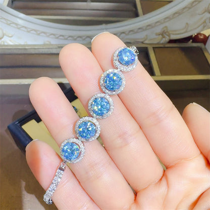Blue Halo Tennis Bracelet for Women, VVS1 Moissanite Round Link Bracelet