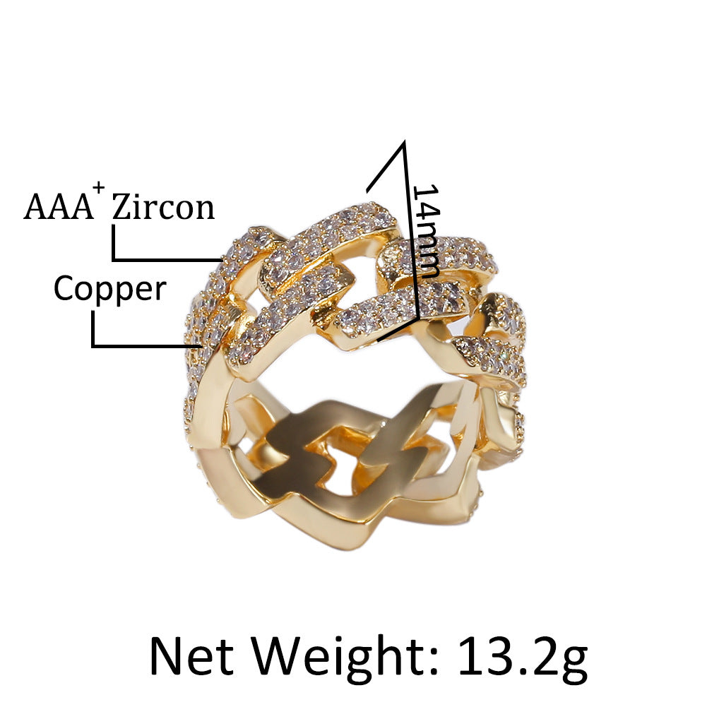 Unisex Irregular Cuban Link Ring with Cubic Zirconia – Gold & Silver Statement Hip Hop Ring