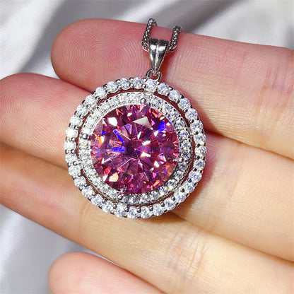 Pink Round Halo Moissanite Pendant Necklace with Double Circle Pavé Design