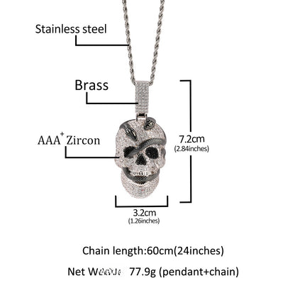 Skull Pendant Necklace with Snake Detail and Cubic Zirconia, Silver Tone Statement Chain Necklace for Women
