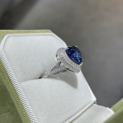 Blue Heart Halo Promise Ring, S925 Sterling Silver 18K Gold Plated Ring for Women