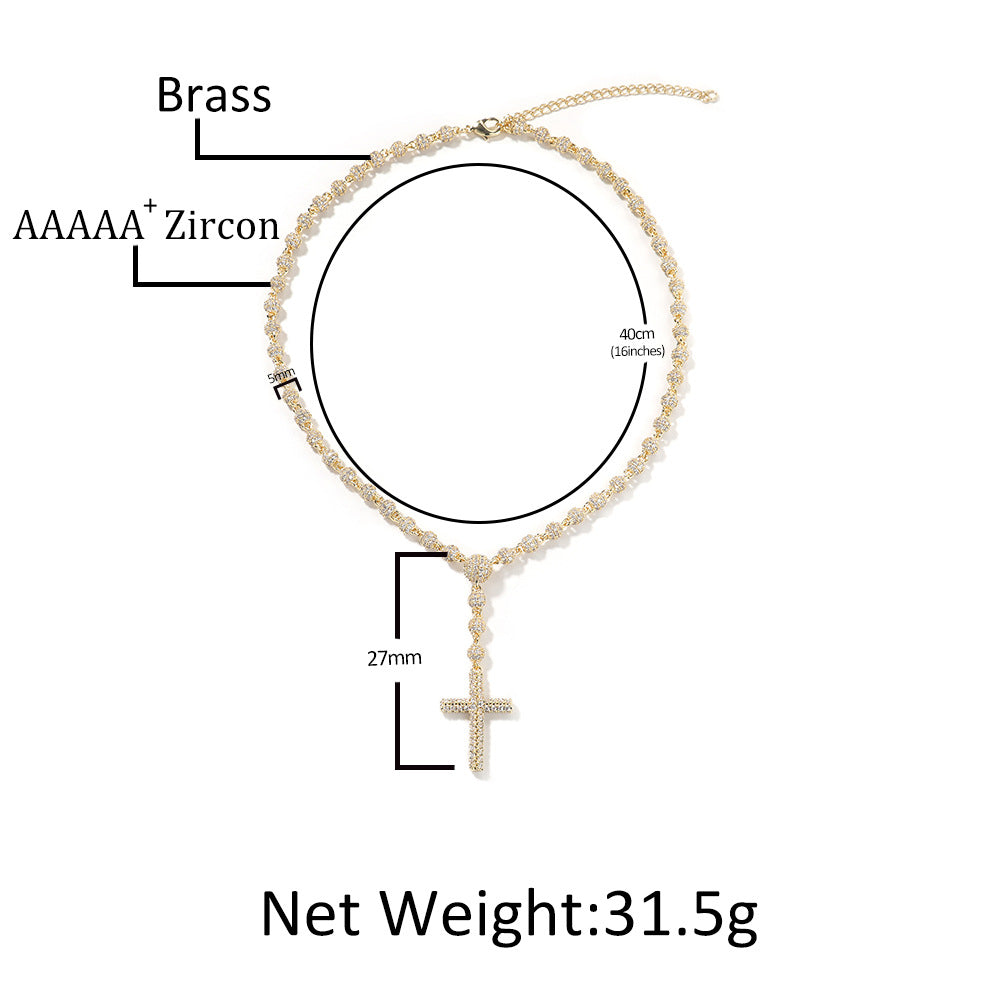 Iced Cross Pendant Necklace for Women – Gold or Silver Beaded Chain Statement Necklace 16in/18in