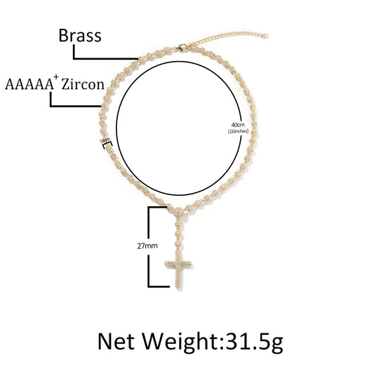 Iced Cross Pendant Necklace for Women – Gold or Silver Beaded Chain Statement Necklace 16in/18in