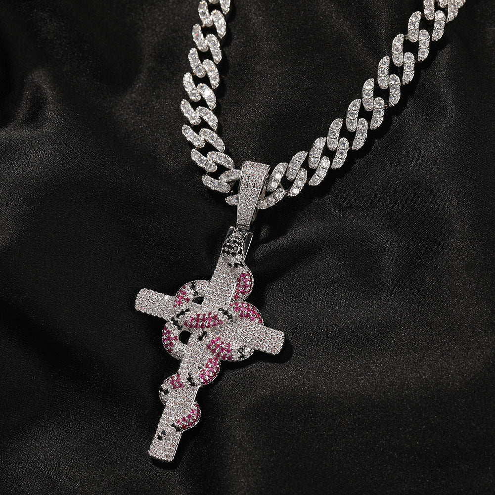 Silver Plated Iced Out Snake Cross Pendant Necklace with Cubic Zirconia Twisted Chain for Women product image