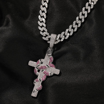 Silver Plated Iced Out Snake Cross Pendant Necklace with Cubic Zirconia Twisted Chain for Women