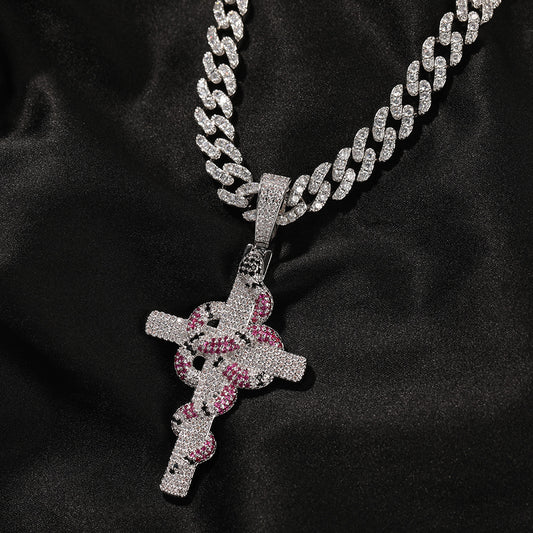 Silver Plated Iced Out Snake Cross Pendant Necklace with Cubic Zirconia Twisted Chain for Women