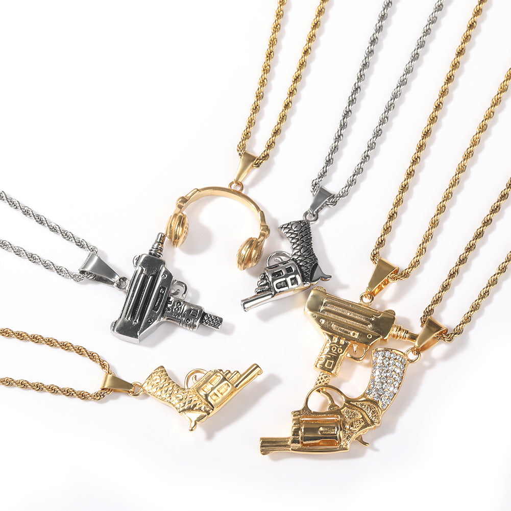 Stainless Steel Hip Hop Pendant Necklace with Cuban Chain - Headphones, Mini Pistol, Submachine Pendant in Gold or Silver Tone product image